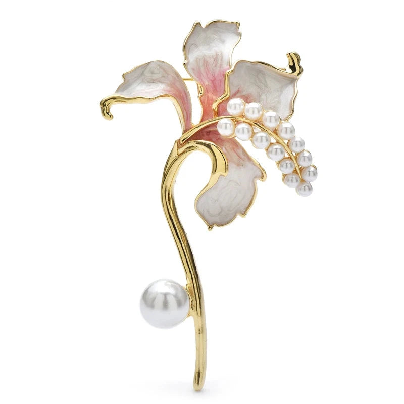 Enamel Ruffled Flower with Pearl-Look Beads Brooch — Pink