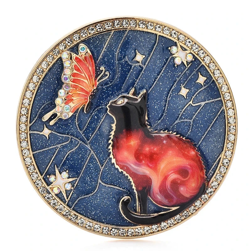 Cat and Butterfly Celestial Medallion Brooch — Blue
