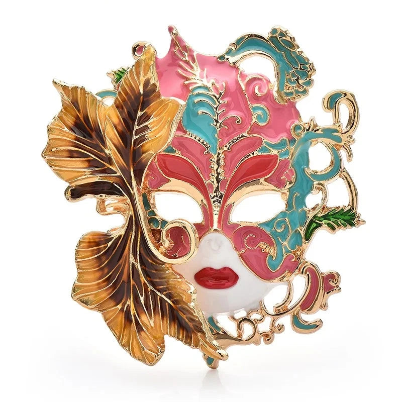 Enamel Art Face with Leaf Details Brooch — Pink & Green