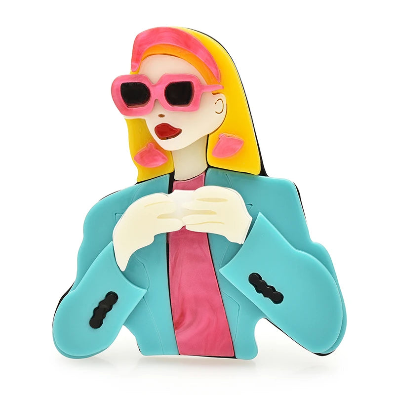 Fashion Lady in Sunglasses and Jacket Acrylic Brooch — Turquoise