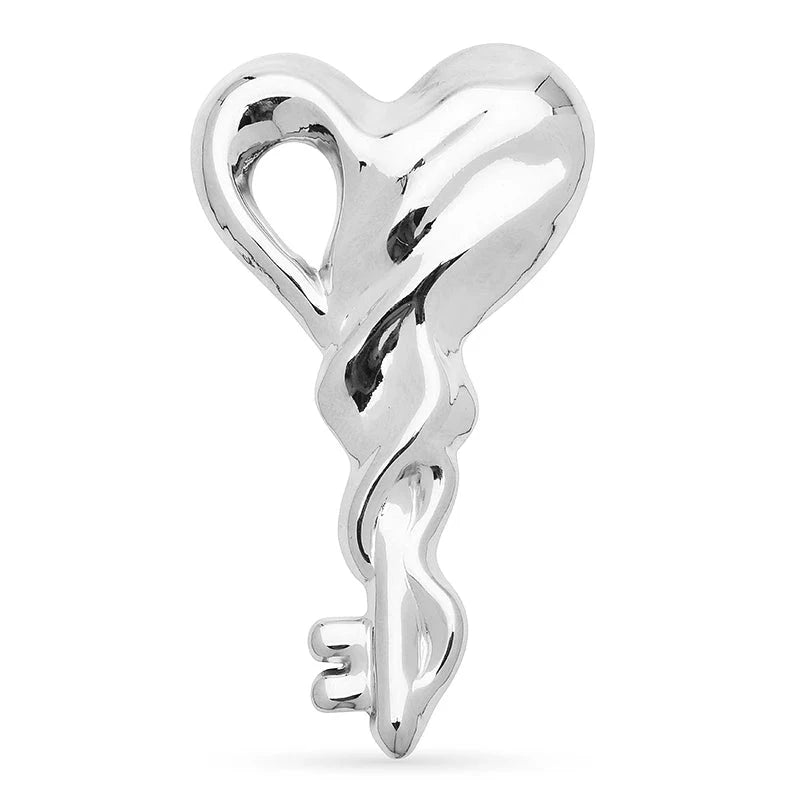 Sculptural Heart Key Stainless Steel Brooch — Silver