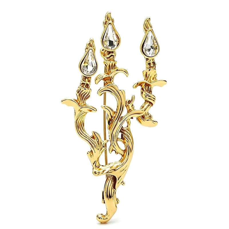 Vintage-Style Jeweled Candelabra Brooch — Polished Gold