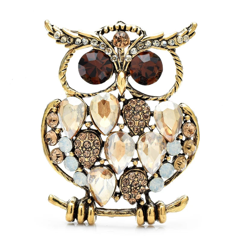 Jeweled Owl with Oversized Eyes Brooch — Champagne