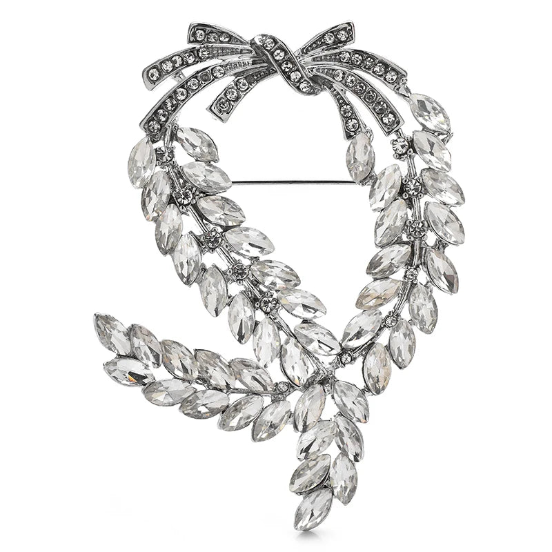 Rhinestone Wheat Wreath with Bow Brooch — Silver