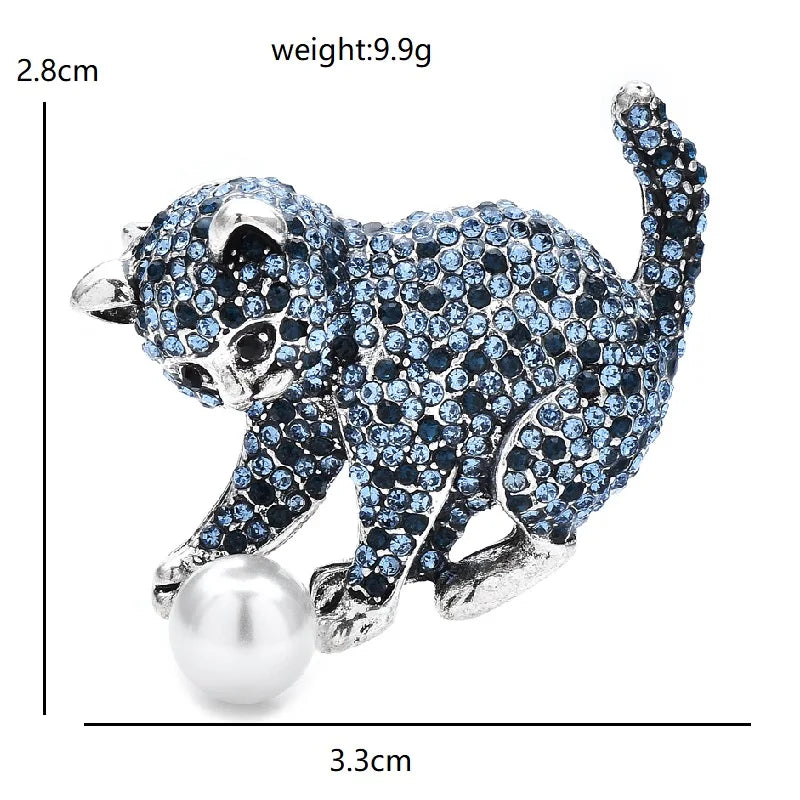 Rhinestone Cat Playing with Pearl-Look Ball Brooch — dimensions