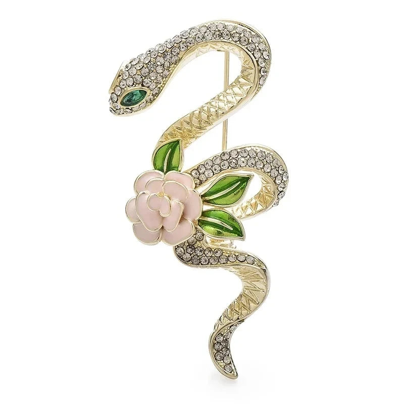 Jeweled Coiled Snake with Rose Flowers Brooch — Clear & White Roses
