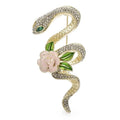 Jeweled Coiled Snake with Rose Flowers Brooch — Clear & White Roses