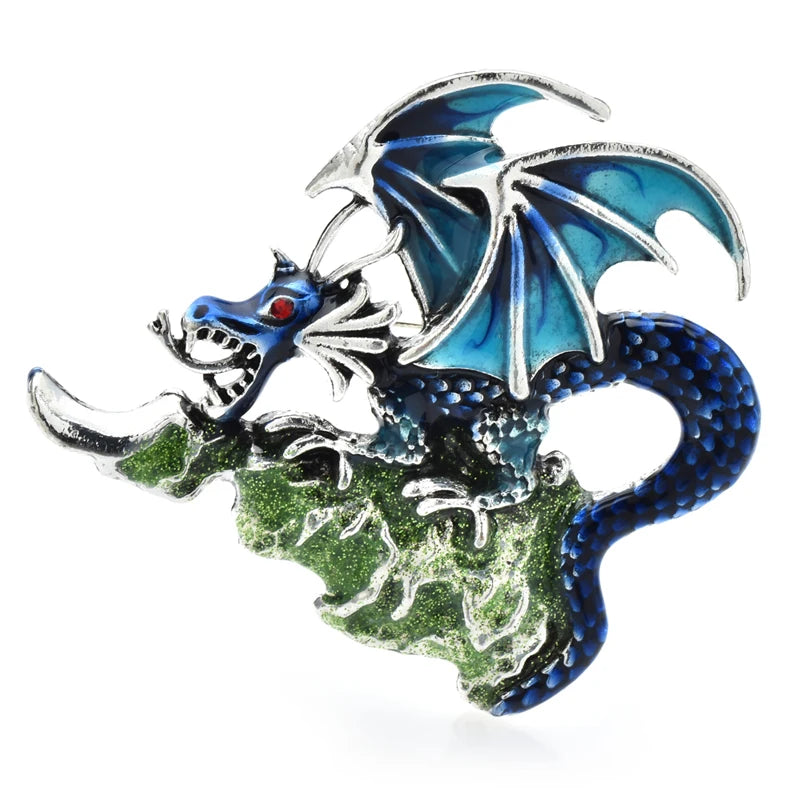 Enamel Dragon with Jeweled Wings Brooch — Blue