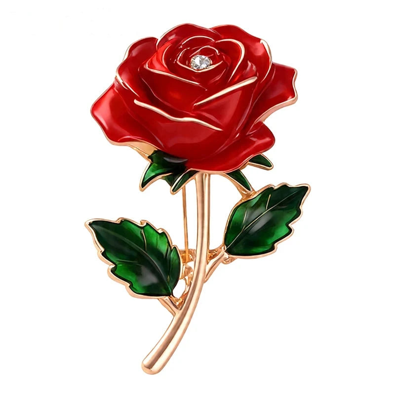 Classic Red Rose on a Stem Brooch