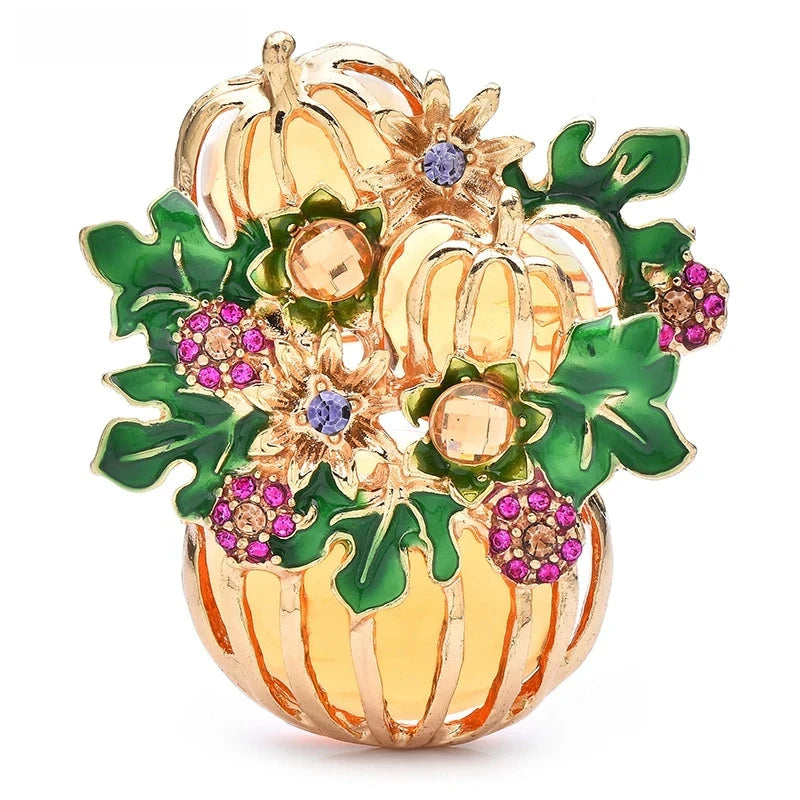 Enamel Pumpkin Flower Basket Brooch — Pumpkin Basket
