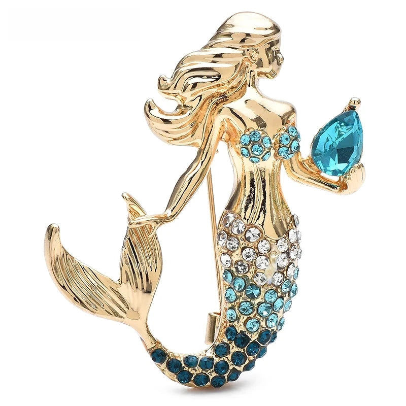 Mermaid Holding Crystal Conch Brooch — Blue