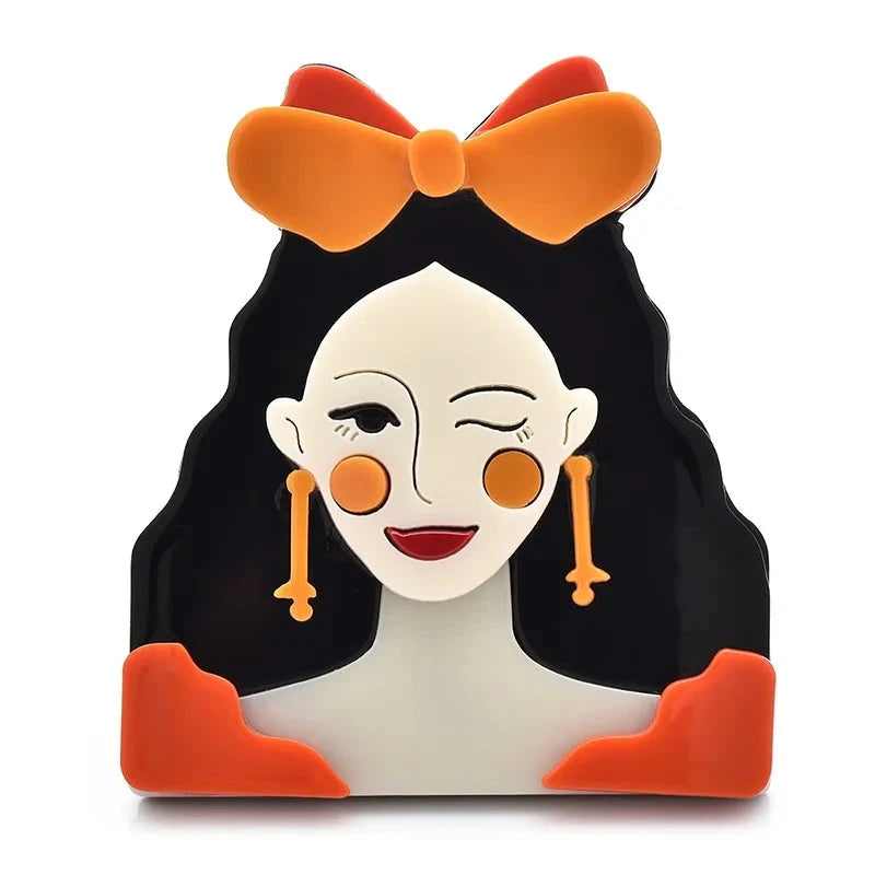 Acrylic Winking Lady with Bow Brooch — Orange