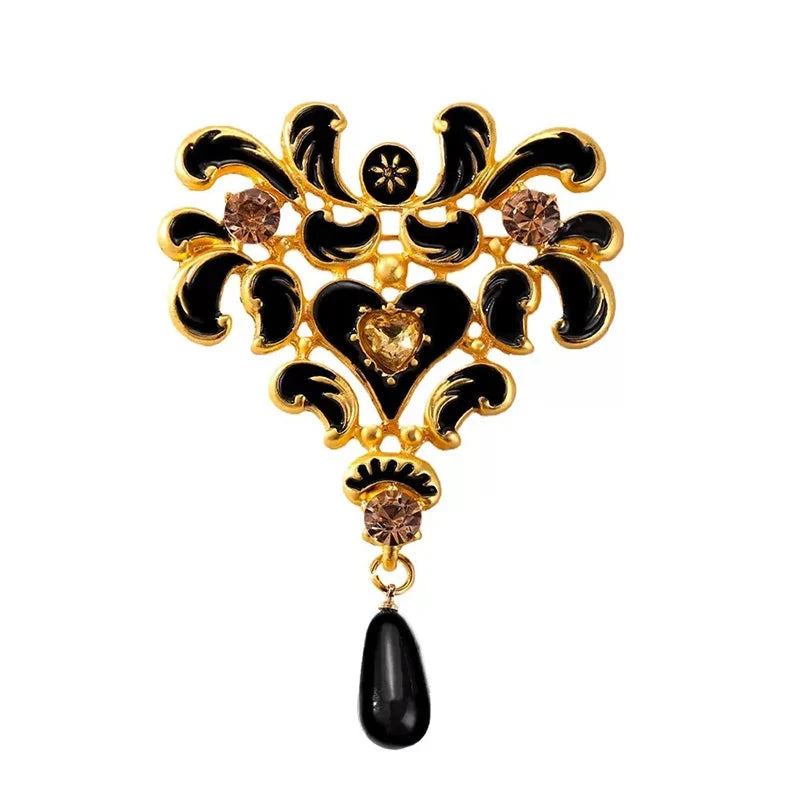 Black Enamel Floral Scroll with Teardrop Brooch — Black Floral Scroll
