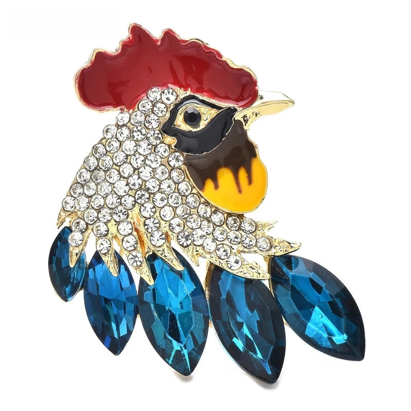 Rhinestone Rooster Head with Faceted Feathers Brooch — Blue