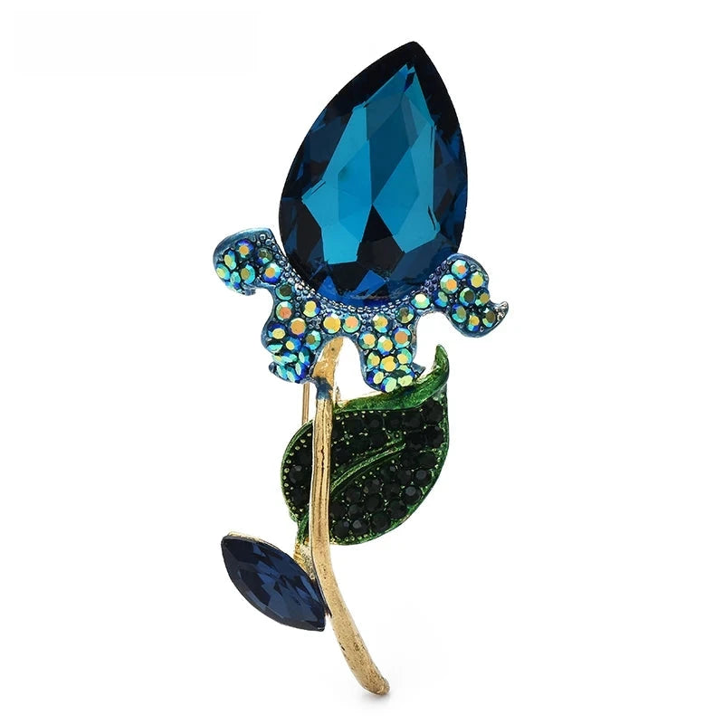 Faceted Tulip with Jeweled Leaves Brooch — Blue
