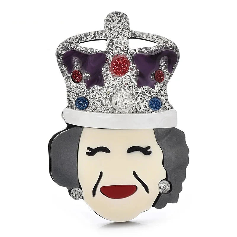 Smiling Queen with Glitter Crown Acrylic Brooch — Silver Crown