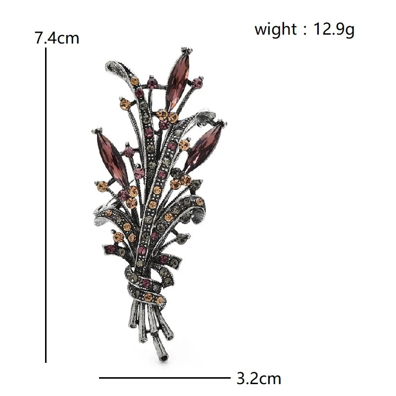 Vintage-Style Jeweled Wheat Bouquet Brooch — dimensions