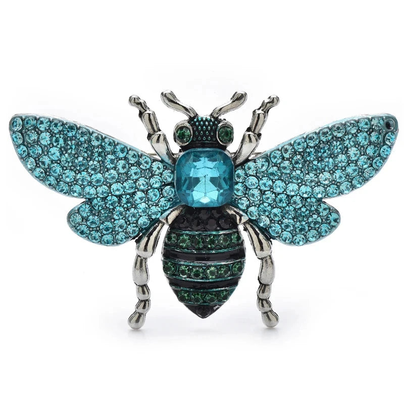 Rhinestone Bee with Spread Wings Brooch — Turquoise & Blue