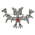 Playful Bat with Red Faceted Stone Brooch — Silver Bat & Red Stone