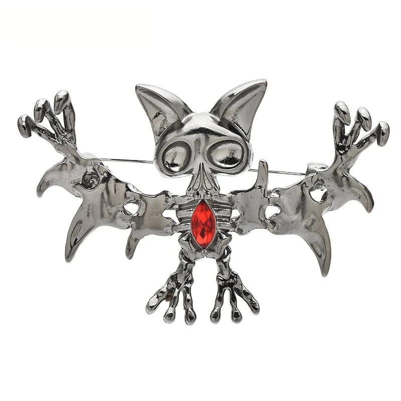 Playful Bat with Red Faceted Stone Brooch — Silver Bat & Red Stone