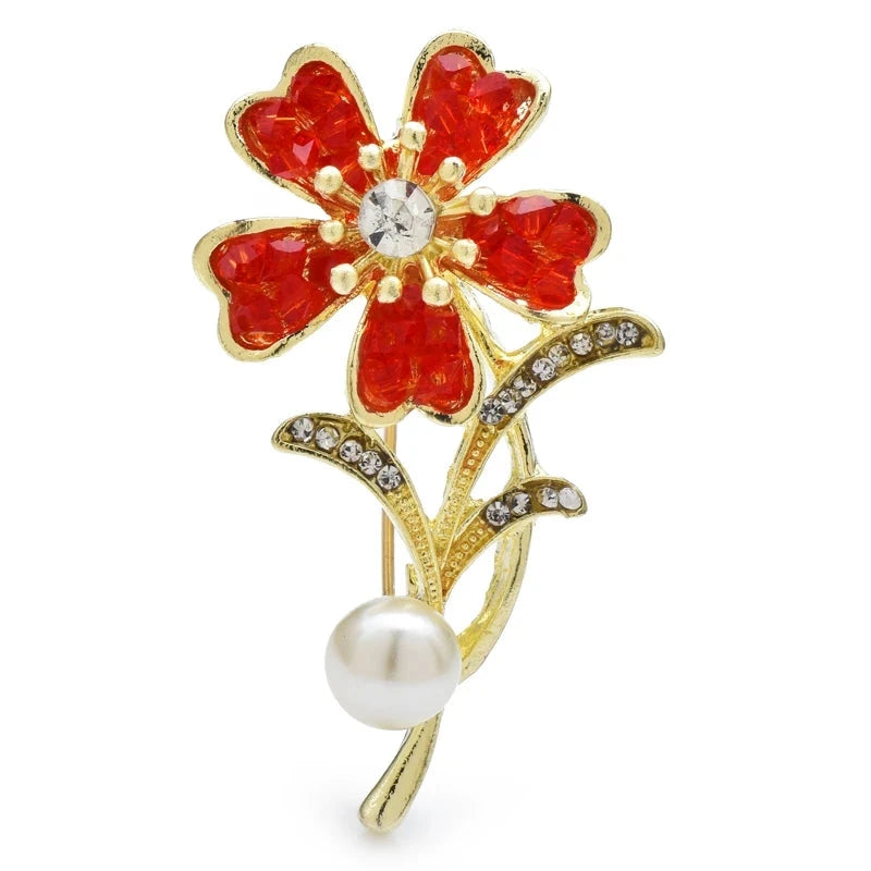 Rhinestone Flower with Pearl-Look Stem Accent Brooch — Red