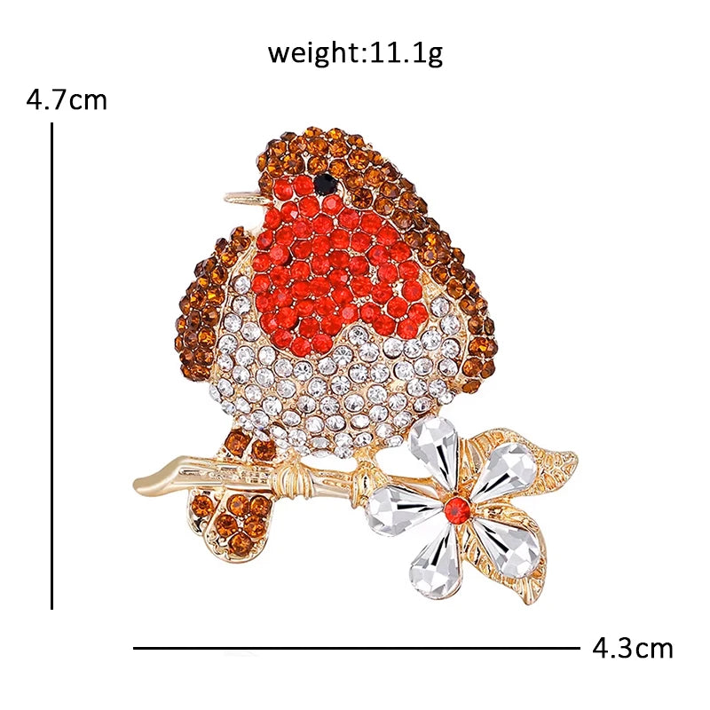 Red-Breasted Rhinestone Bird on Blossom Branch Brooch — dimensions