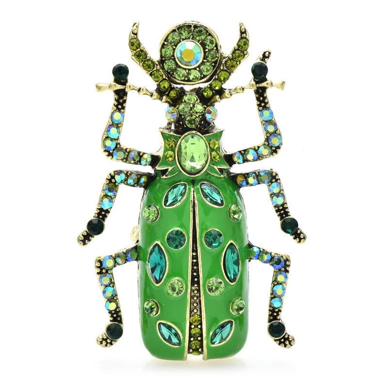 Ornate Enamel Beetle with Faceted Accents Brooch — Green