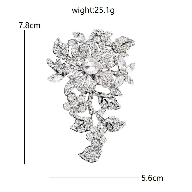 Jeweled Floral Spray with Marquise Leaves Brooch — dimensions