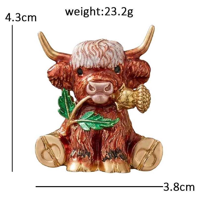 Highland Cow Holding a Thistle Brooch