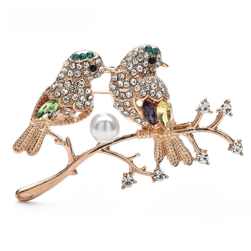 Jeweled Bullfinch Pair on Branch Brooch — Gold & Brown