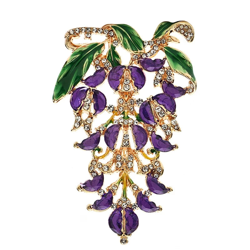 Jeweled Floral Spray with Hanging Petals Brooch — Purple