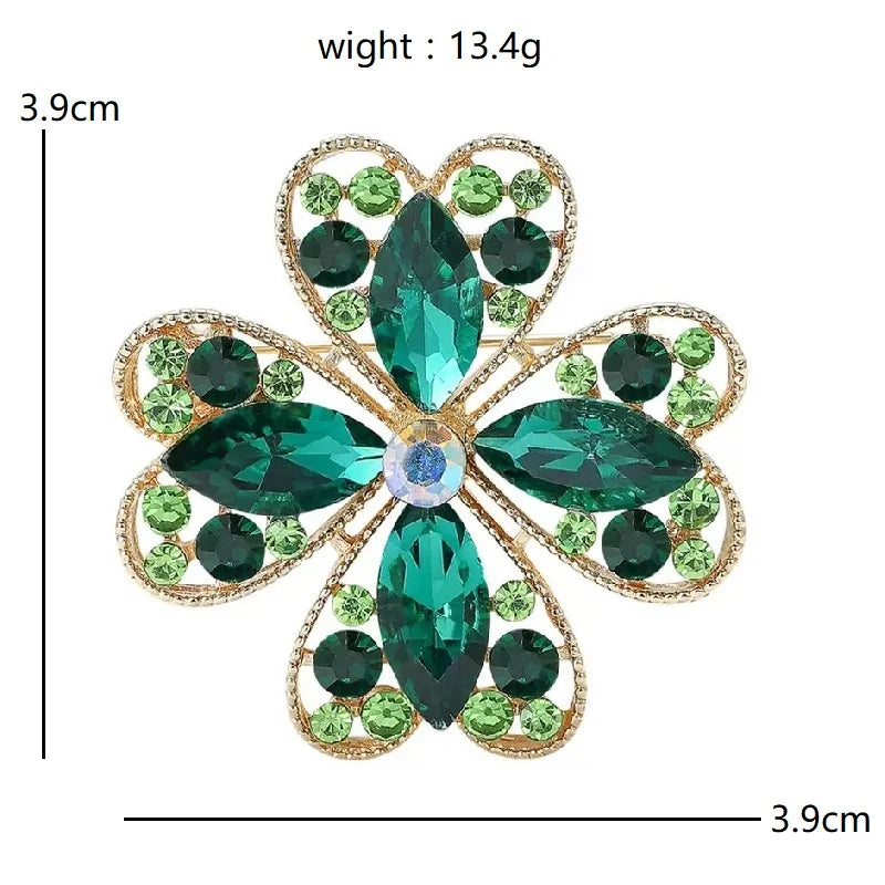Jeweled Floral and Clover Motif Brooch