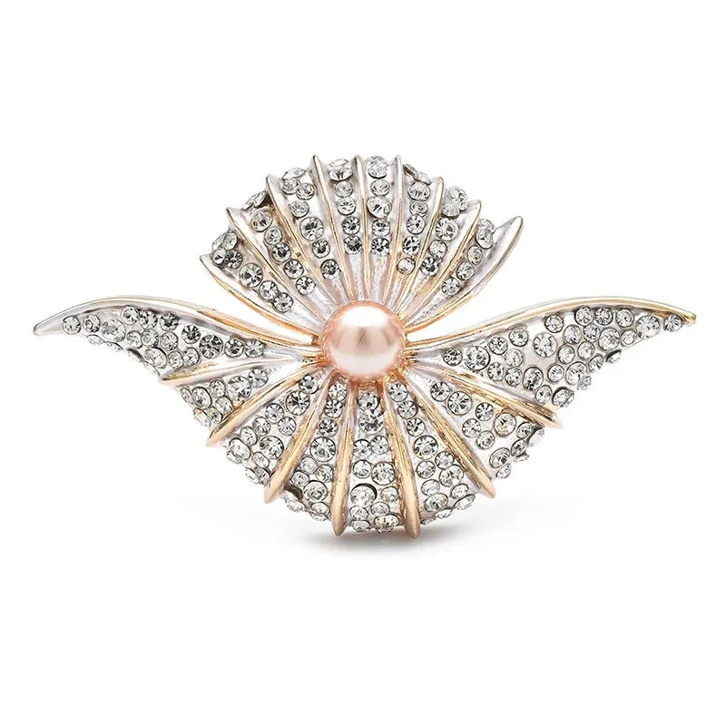 Jeweled Fan Shell with Pearl-Look Center Brooch — Jeweled Fan Shell
