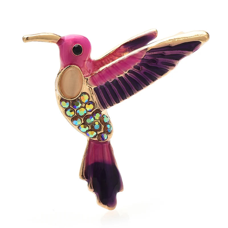 Flying Enamel Hummingbird with Rhinestones Brooch — Pink & Purple