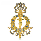 Jeweled Crown and Sword Emblem Brooch — Blue