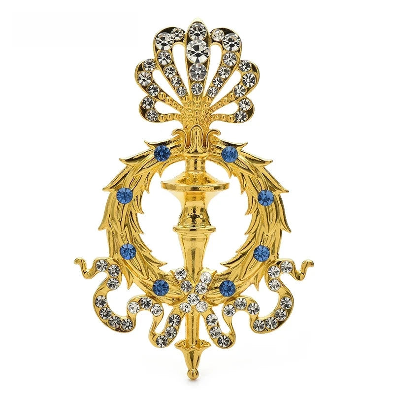 Jeweled Crown and Sword Emblem Brooch — Blue