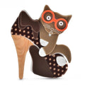 Acrylic Cat in High-Heel Shoe Brooch — Brown