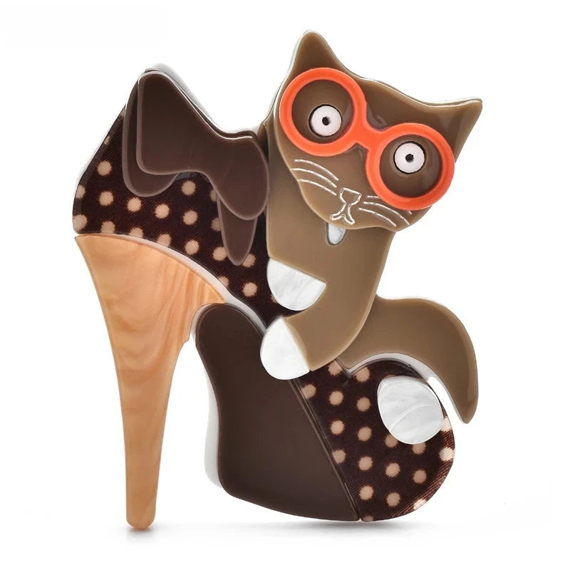 Acrylic Cat in High-Heel Shoe Brooch — Brown
