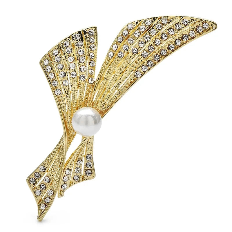 Rhinestone Ribbon Bow with Pearl-Look Center Brooch — Gold