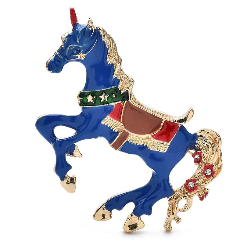 Rearing Enamel Horse with Saddle Brooch — Blue