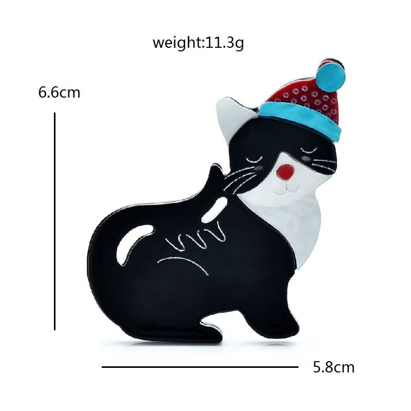 Black Acrylic Cat in Festive Hat Brooch — dimensions