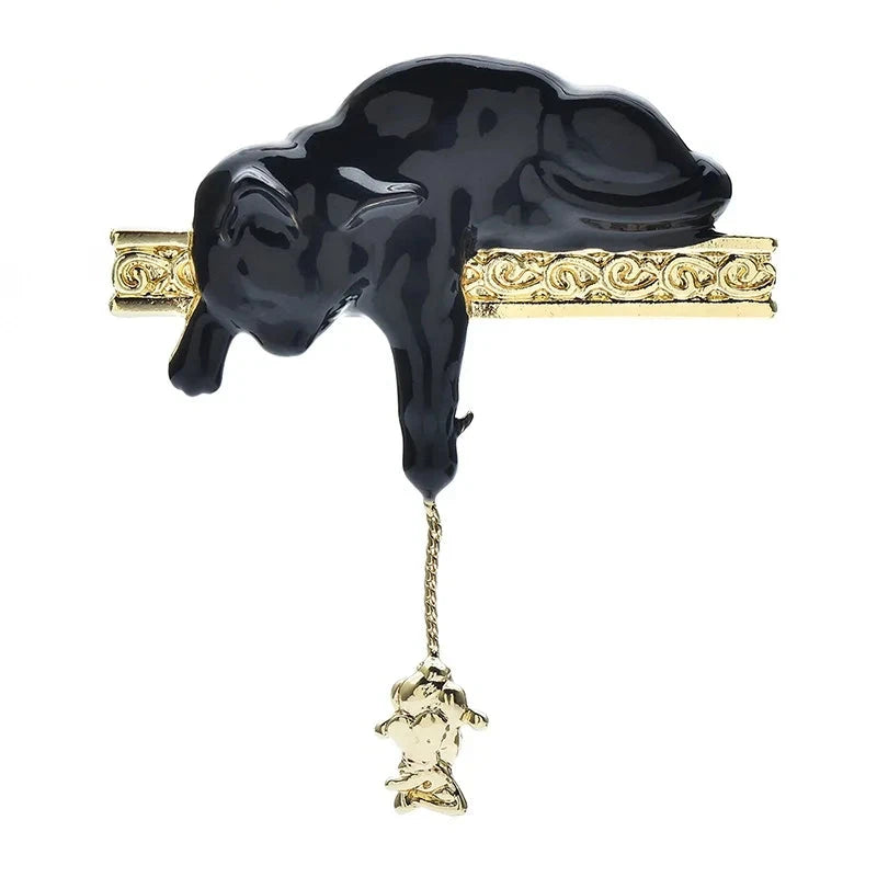 Enamel Cat with Dangling Mouse Brooch — Black