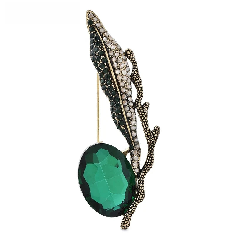 Jeweled Feather with Faceted Drop Brooch — Green