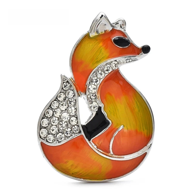 Curled Enamel Fox with Rhinestones Brooch — Orange