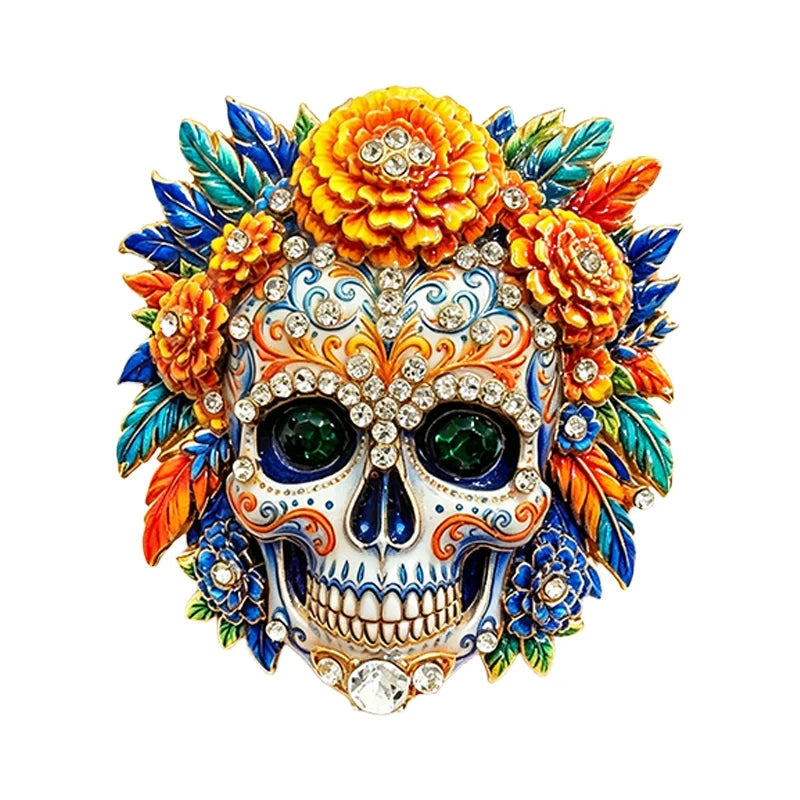 Floral Calavera Skull with Marigolds Brooch original white background product photo