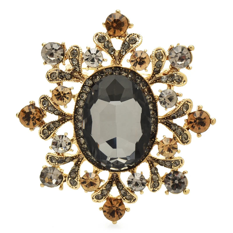 Ornate Oval Faceted Stone Brooch — Gray