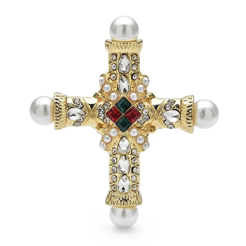 Baroque Cross with Pearl-Look Tips Brooch — Multicolor