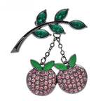 Rhinestone Cherries on Leafy Branch Brooch — Pink