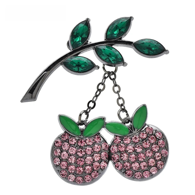 Rhinestone Cherries on Leafy Branch Brooch — Pink