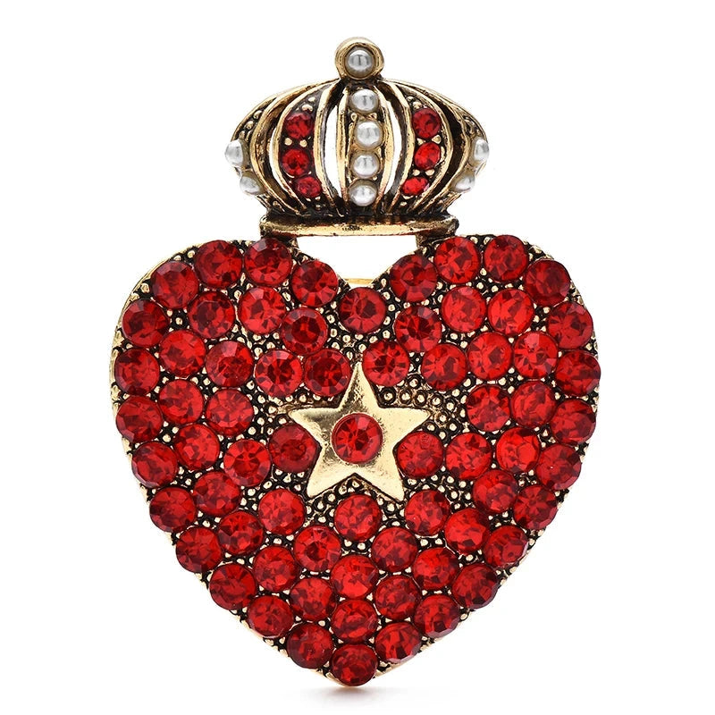 Crowned Rhinestone Heart Brooch — Red